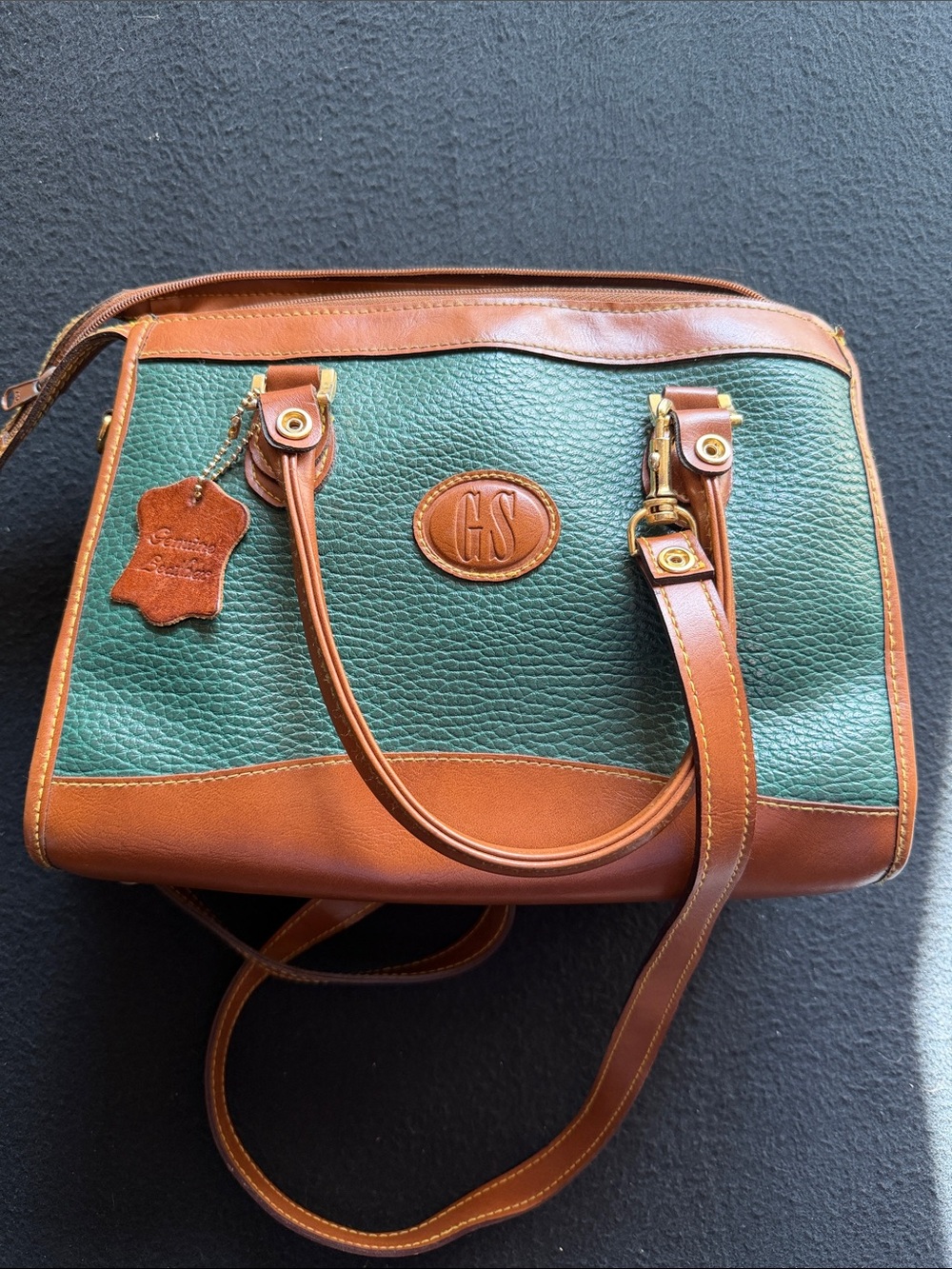 Green and Brown Pebbled Leather Satchel with Top Handle